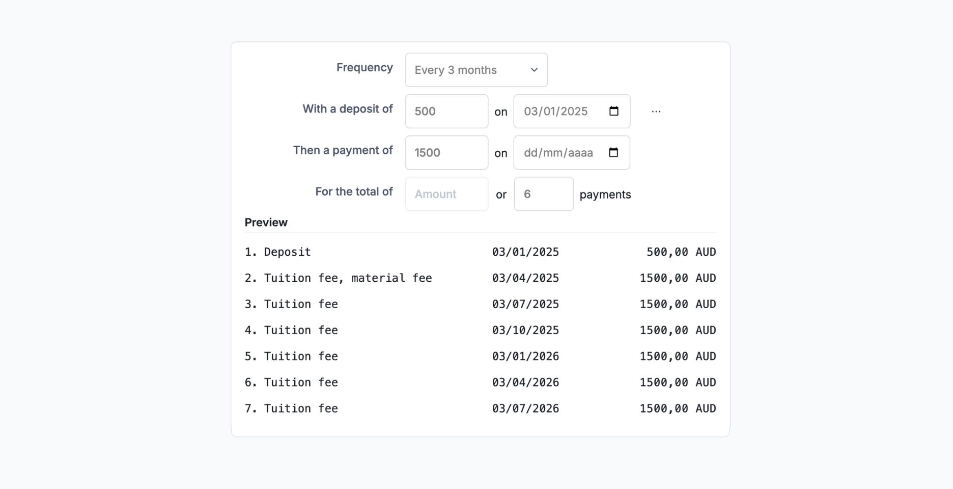 Payment plans and payment schedules for international students and tuition fees created in seconds.